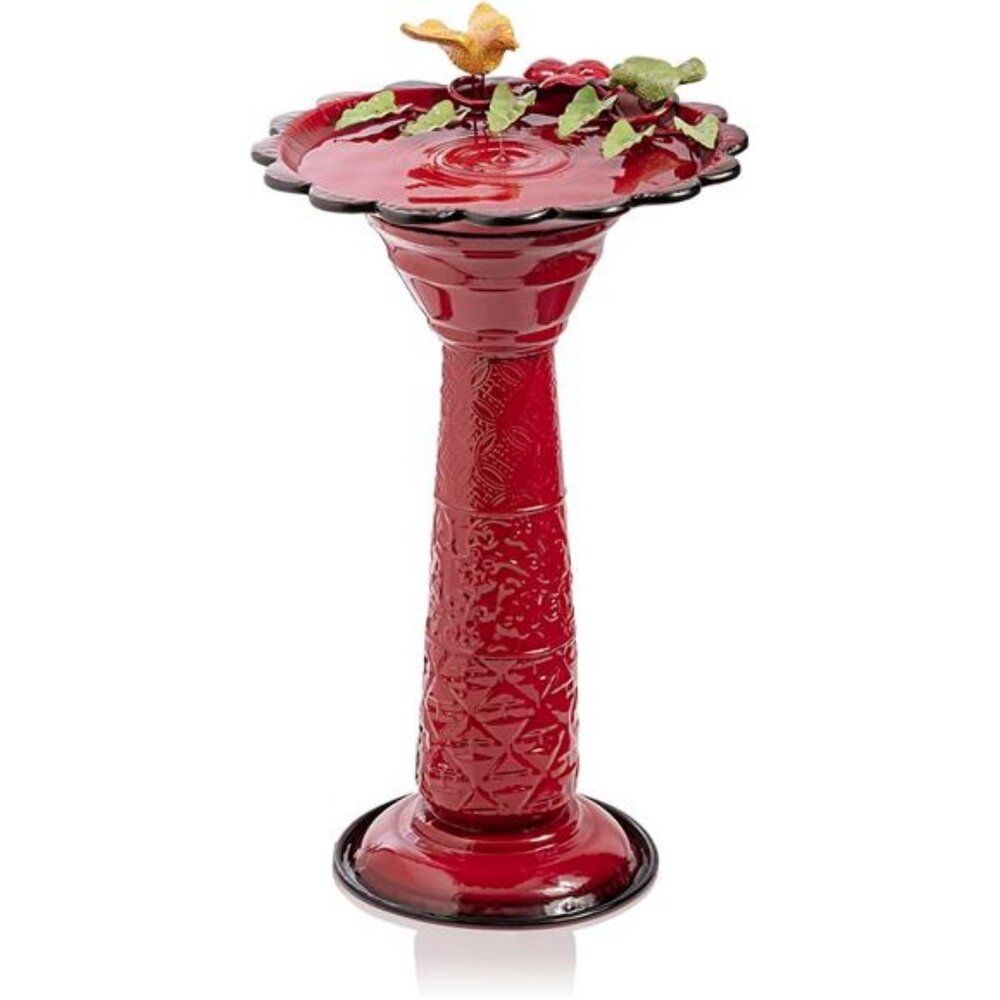 28" Tall Outdoor Metal Birdbath with Birds and Leaves Yard